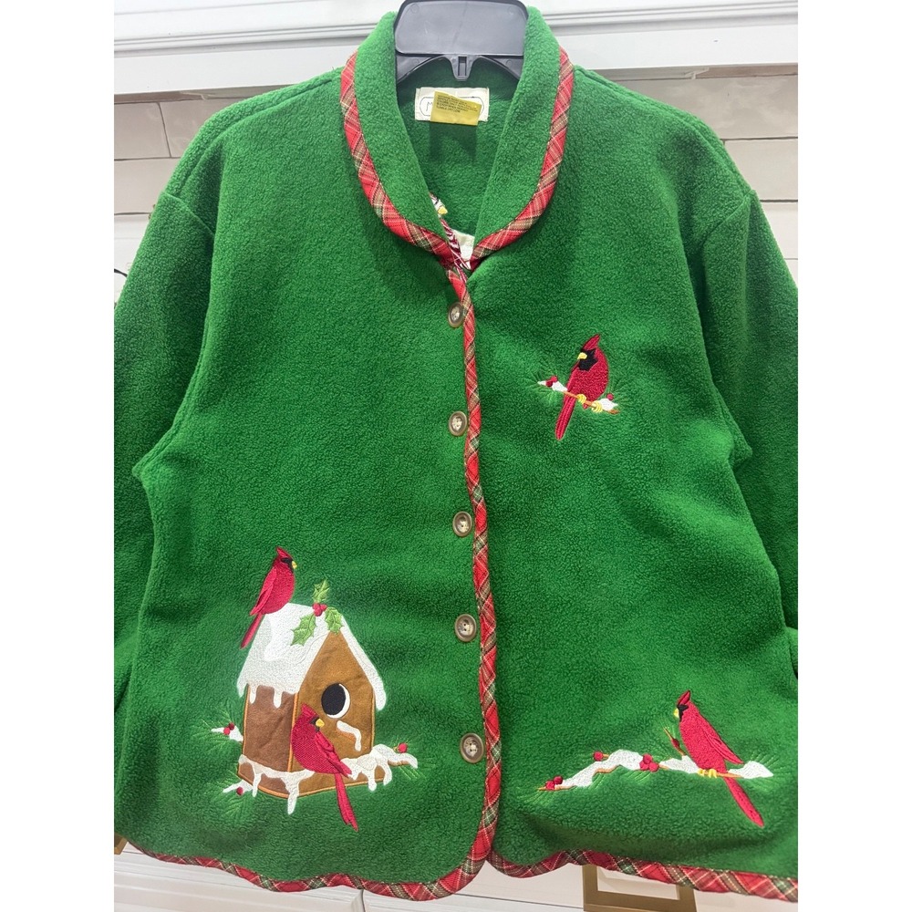 vtg mandal bay green cardigan sweater with cardinals large button up